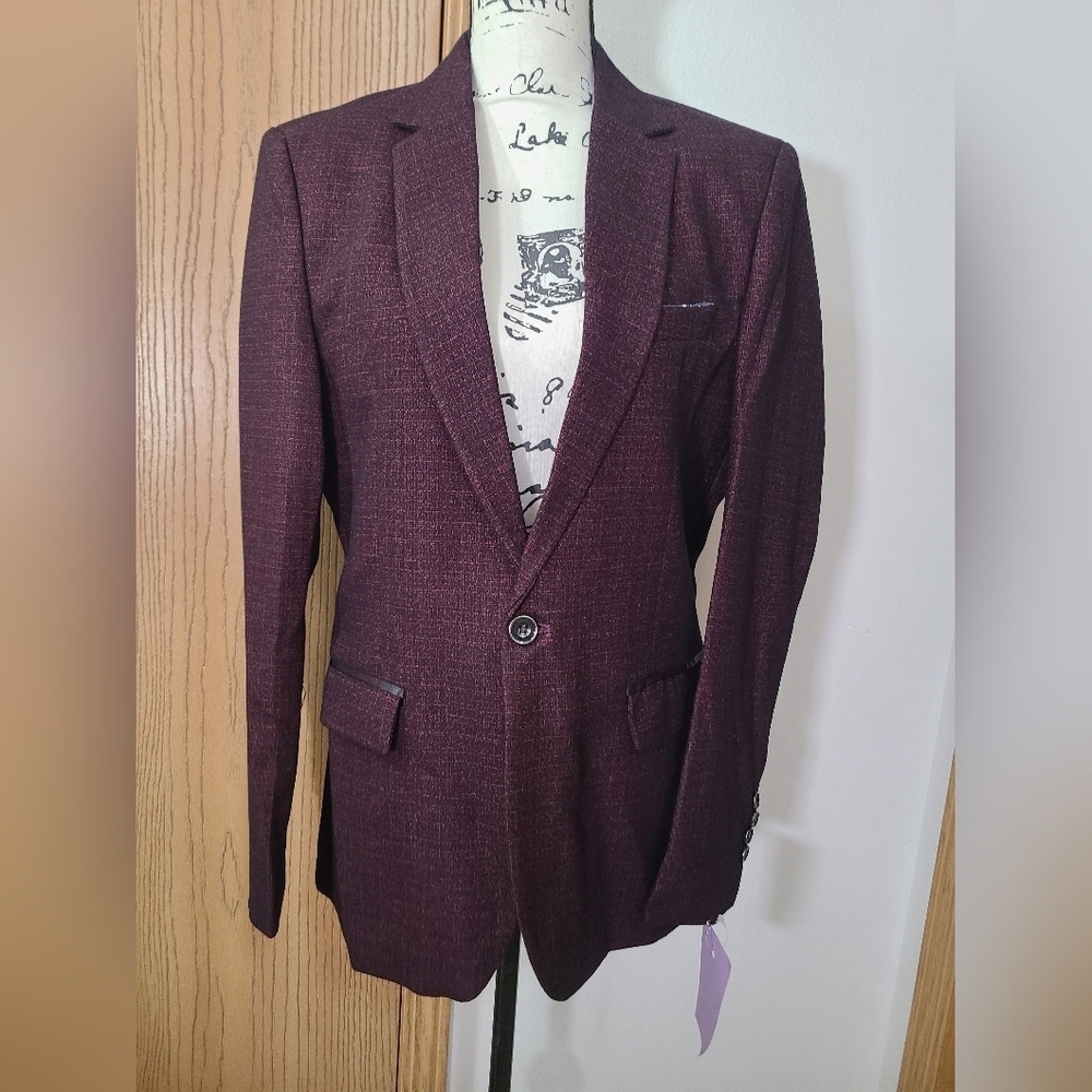 NWT Tweed Print Textured Burgundy Black Suit Jacket